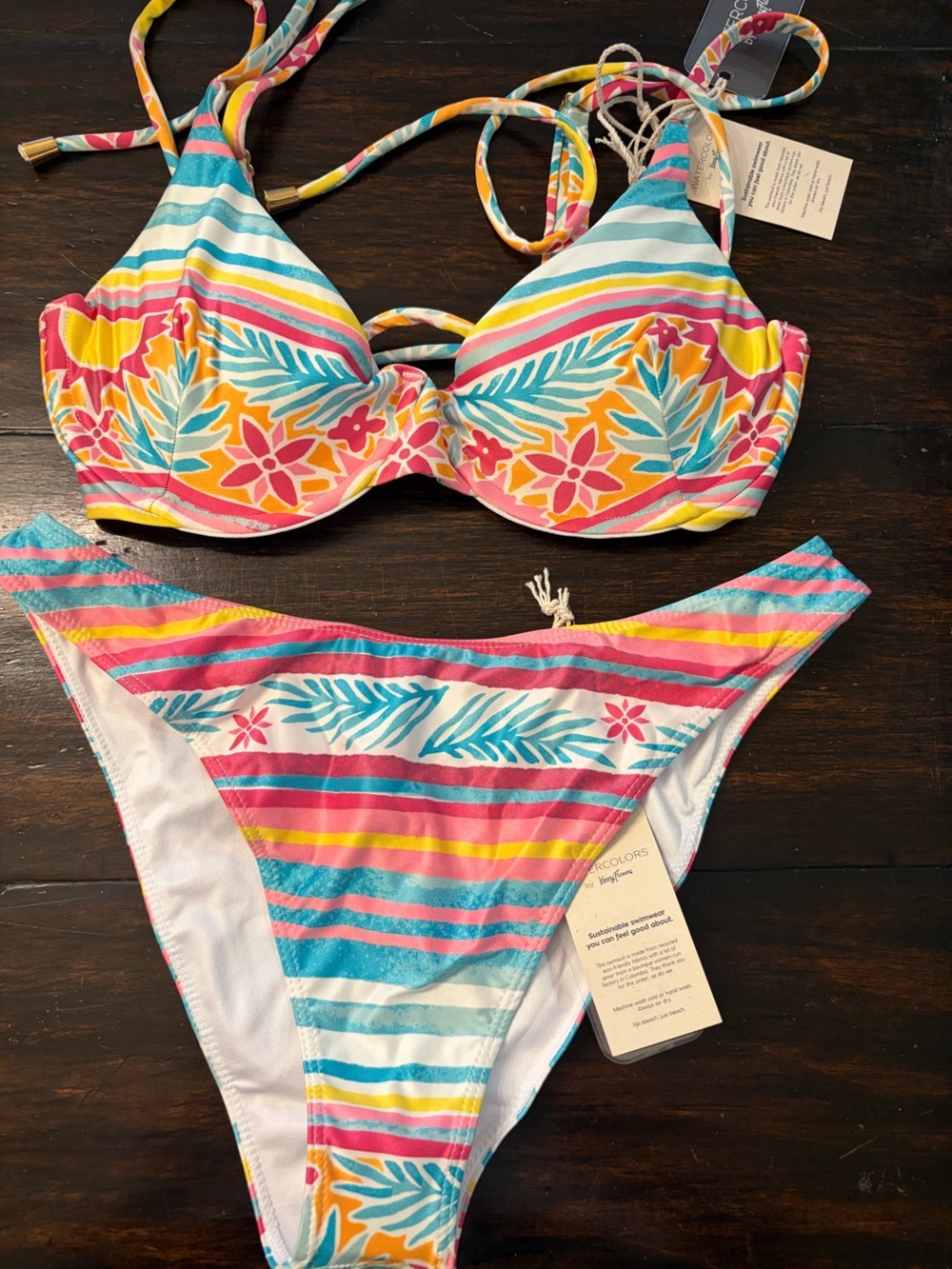 NWT ✨ Kenny Flowers Watercolors Tropical Stripe Bikini - bra  (m) bottom (m)